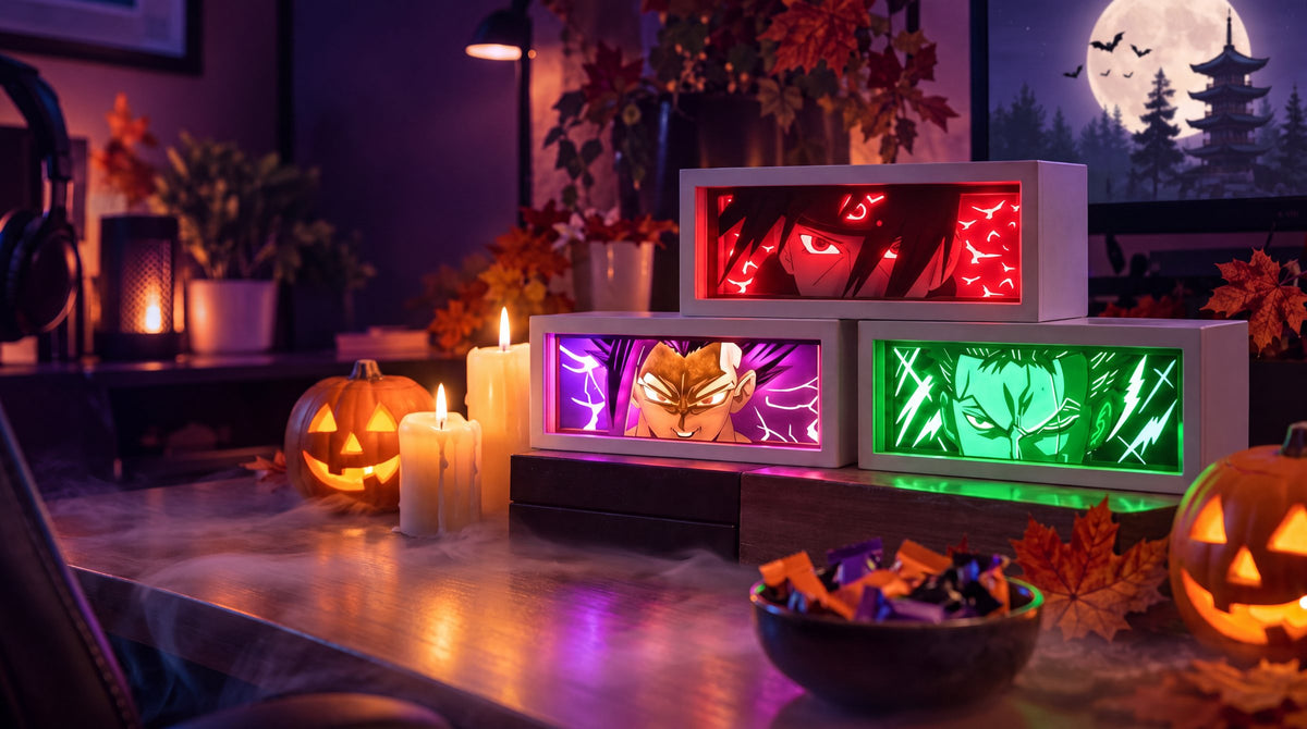 Anime LED light boxes on a desk on Halloween night, with jack-o'-lanterns and candles
