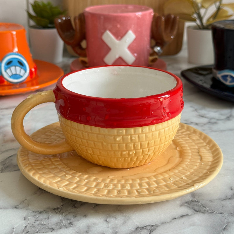 Luffy mug the right way up on its saucer, ready for a coffee